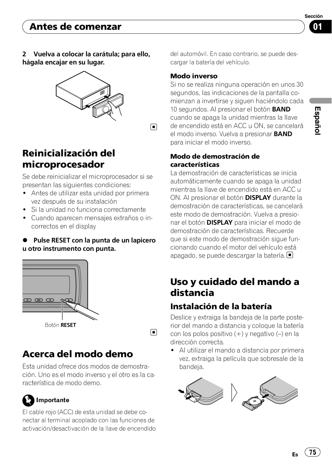 Pioneer DEH-P85BT Reinicialización del microprocesador, Acerca del modo demo, Uso y cuidado del mando a distancia, Español 