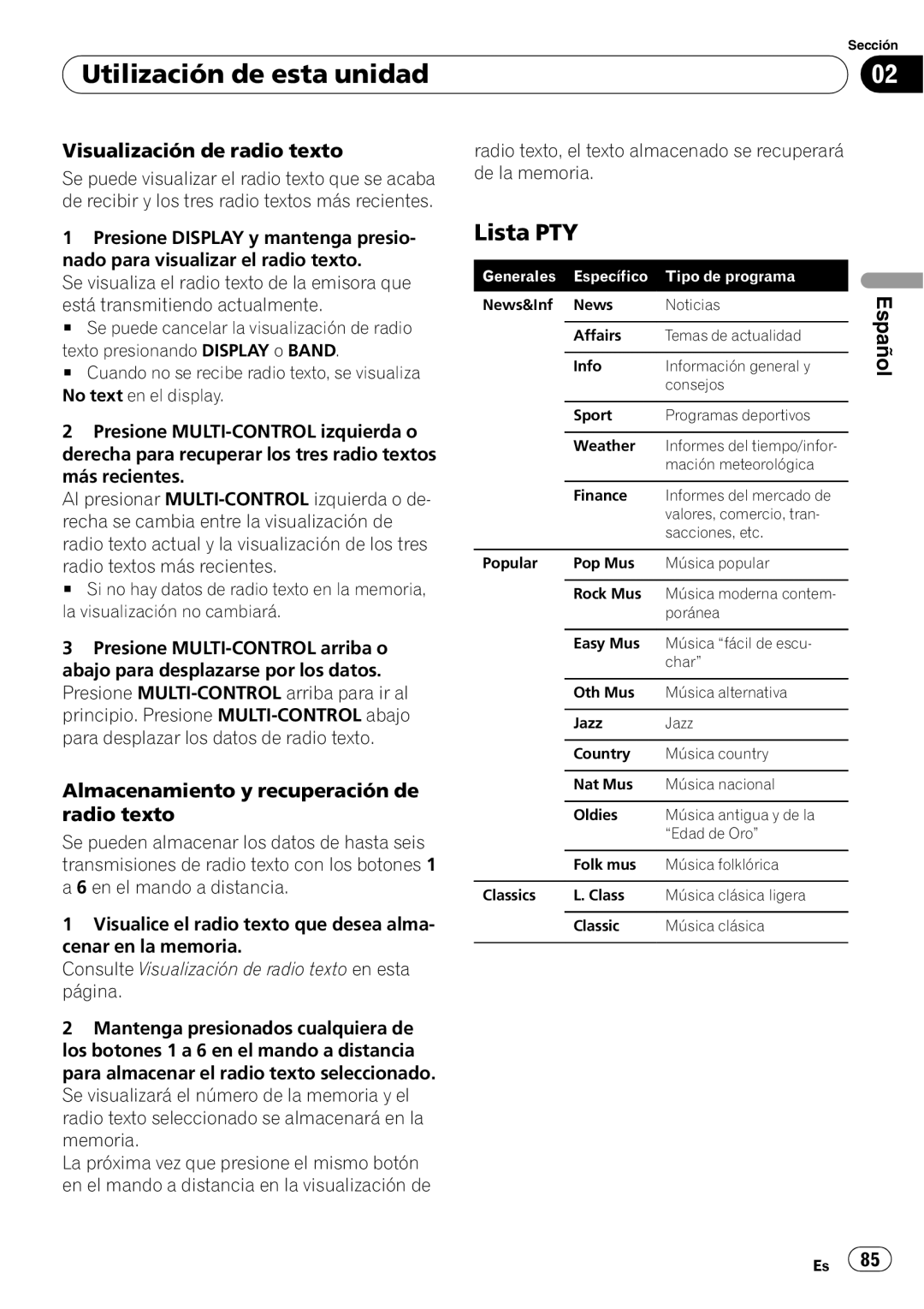 Pioneer DEH-P85BT Lista PTY, Visualización de radio texto, Almacenamiento y recuperación de radio texto, Español 