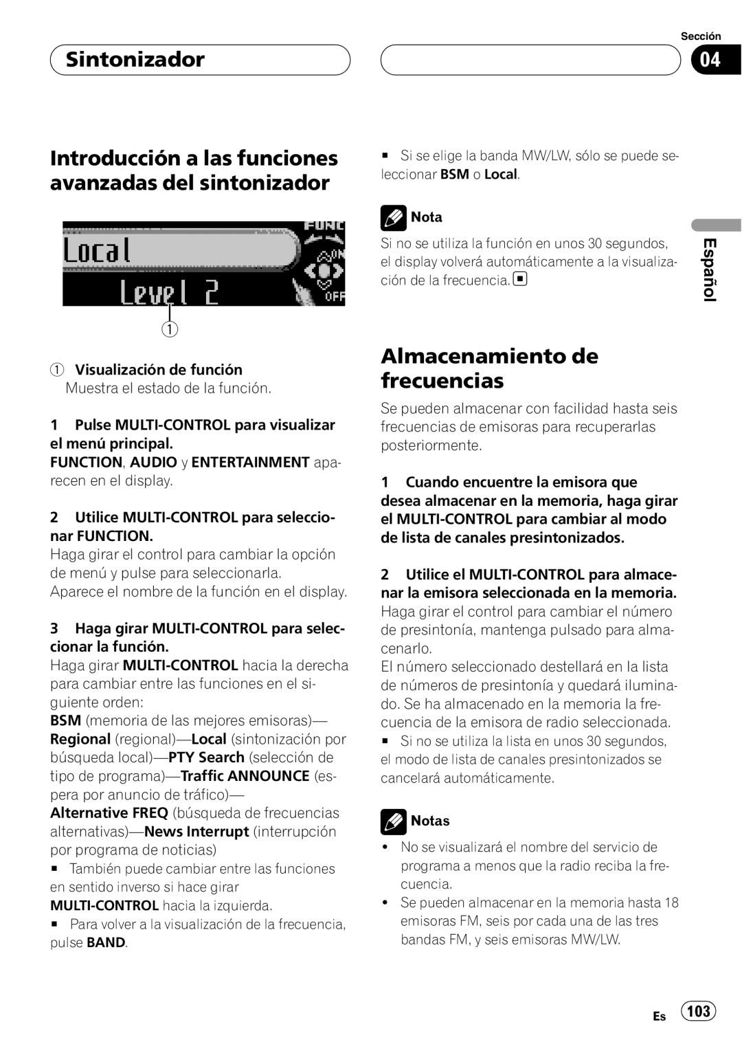 Pioneer DEH-P88RS operation manual Almacenamiento de frecuencias 