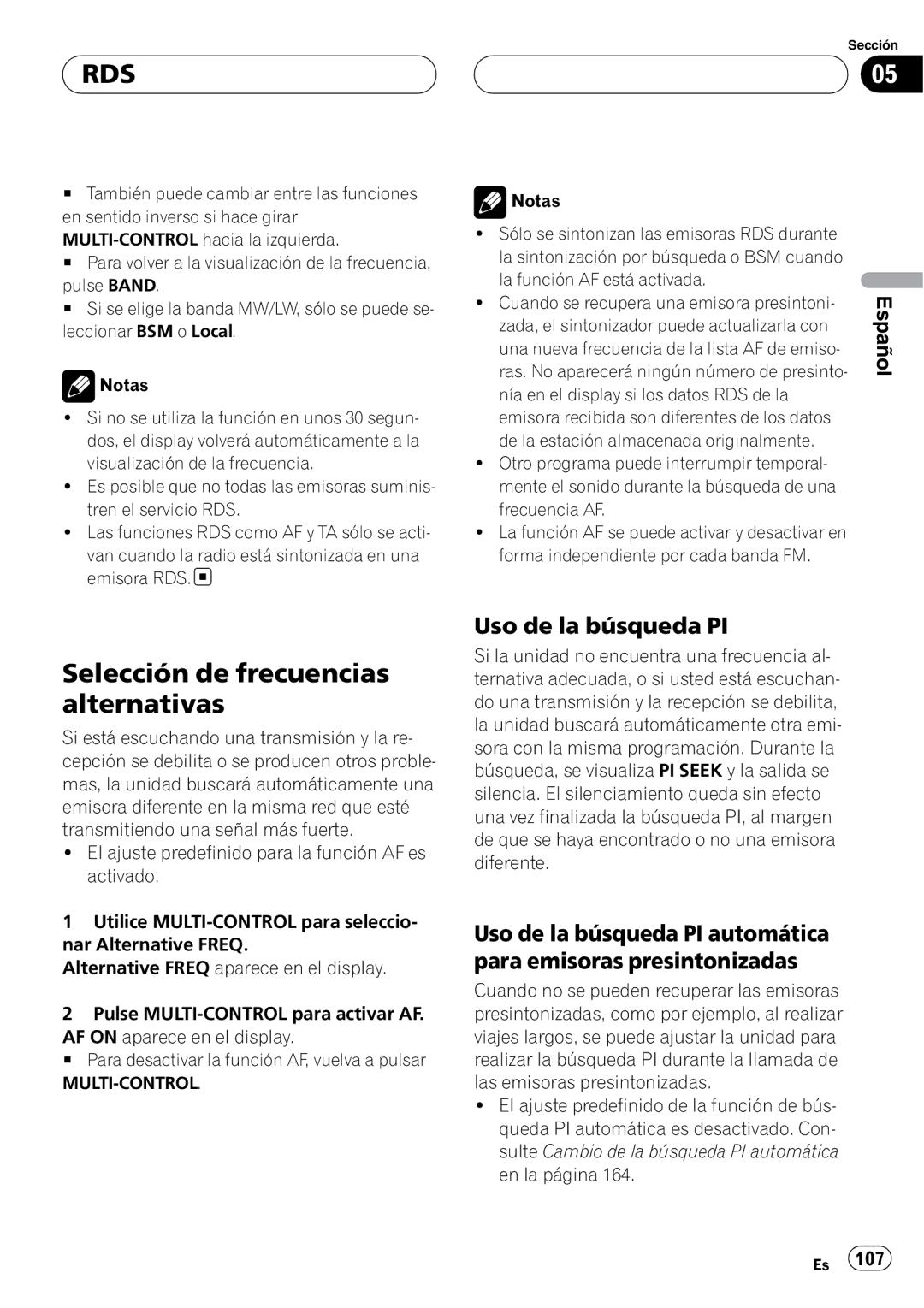 Pioneer DEH-P88RS operation manual Selección de frecuencias alternativas, Uso de la búsqueda PI 