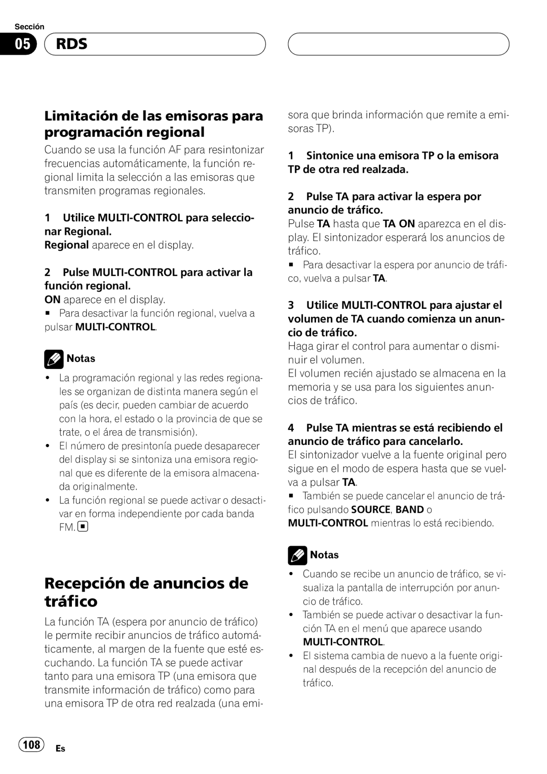 Pioneer DEH-P88RS 05 RDS, Recepción de anuncios de tráfico, Limitación de las emisoras para programación regional 