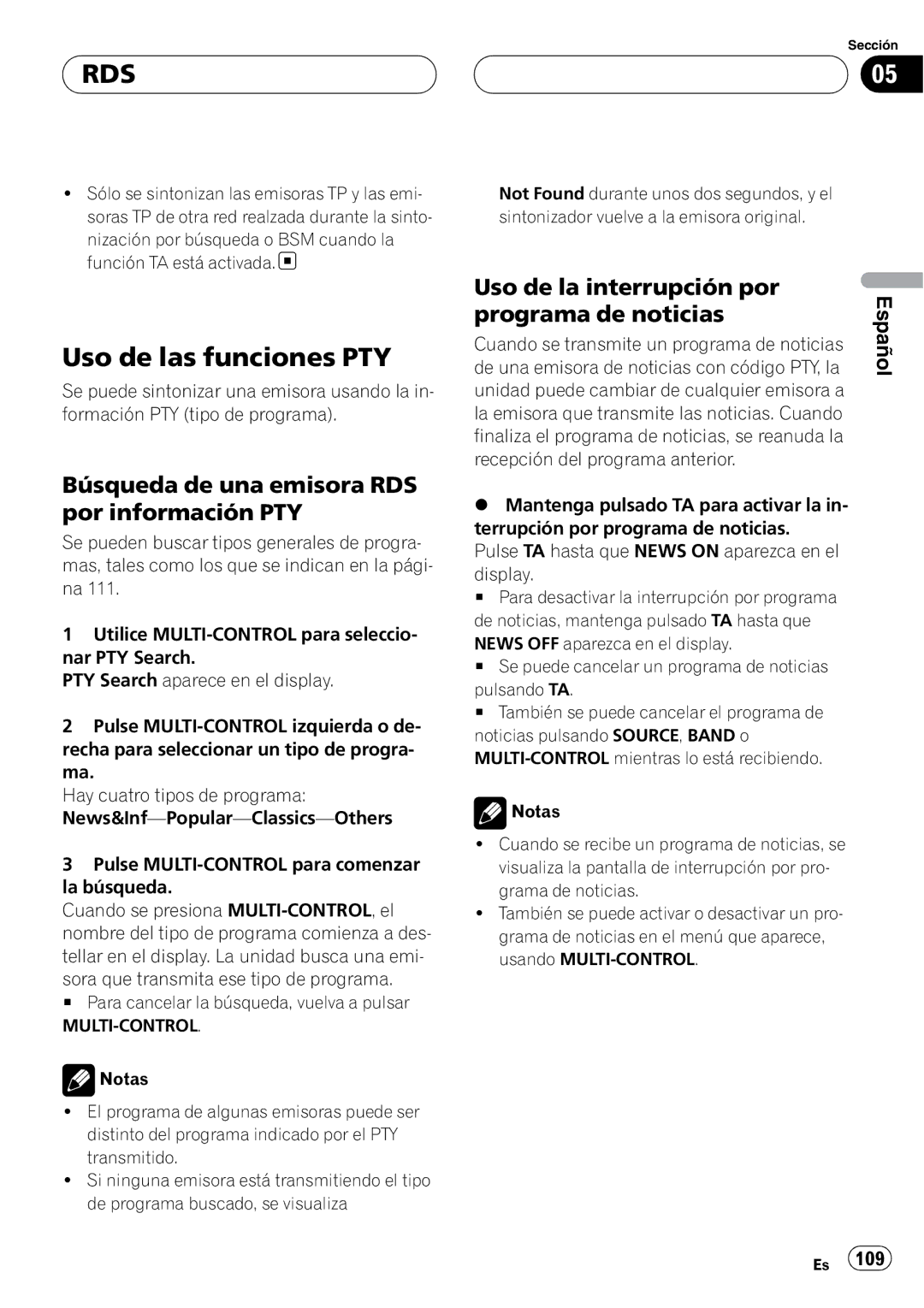 Pioneer DEH-P88RS Uso de las funciones PTY, Búsqueda de una emisora RDS por información PTY, Uso de la interrupción por 