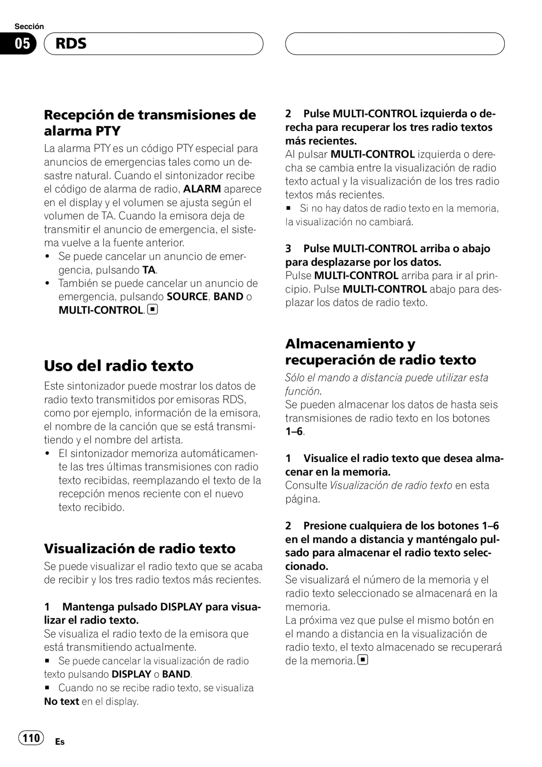 Pioneer DEH-P88RS Uso del radio texto, Recepción de transmisiones de alarma PTY, Visualización de radio texto 