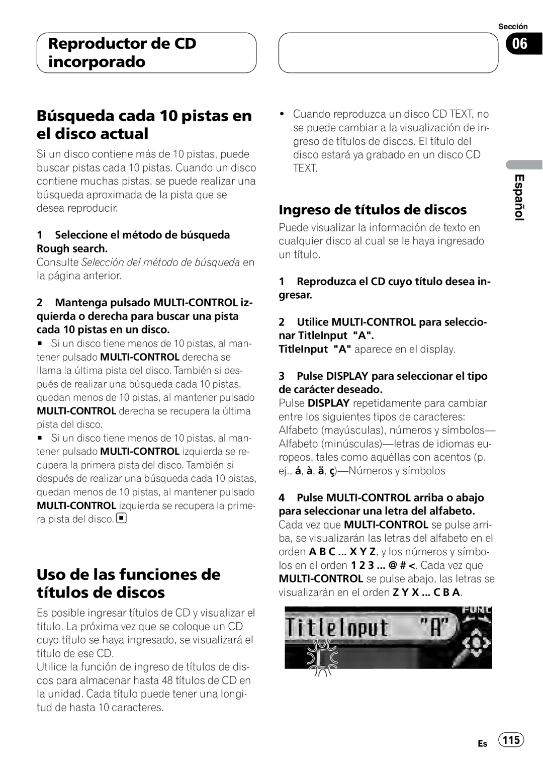 Pioneer DEH-P88RS operation manual Uso de las funciones de títulos de discos, Ingreso de títulos de discos, Text 