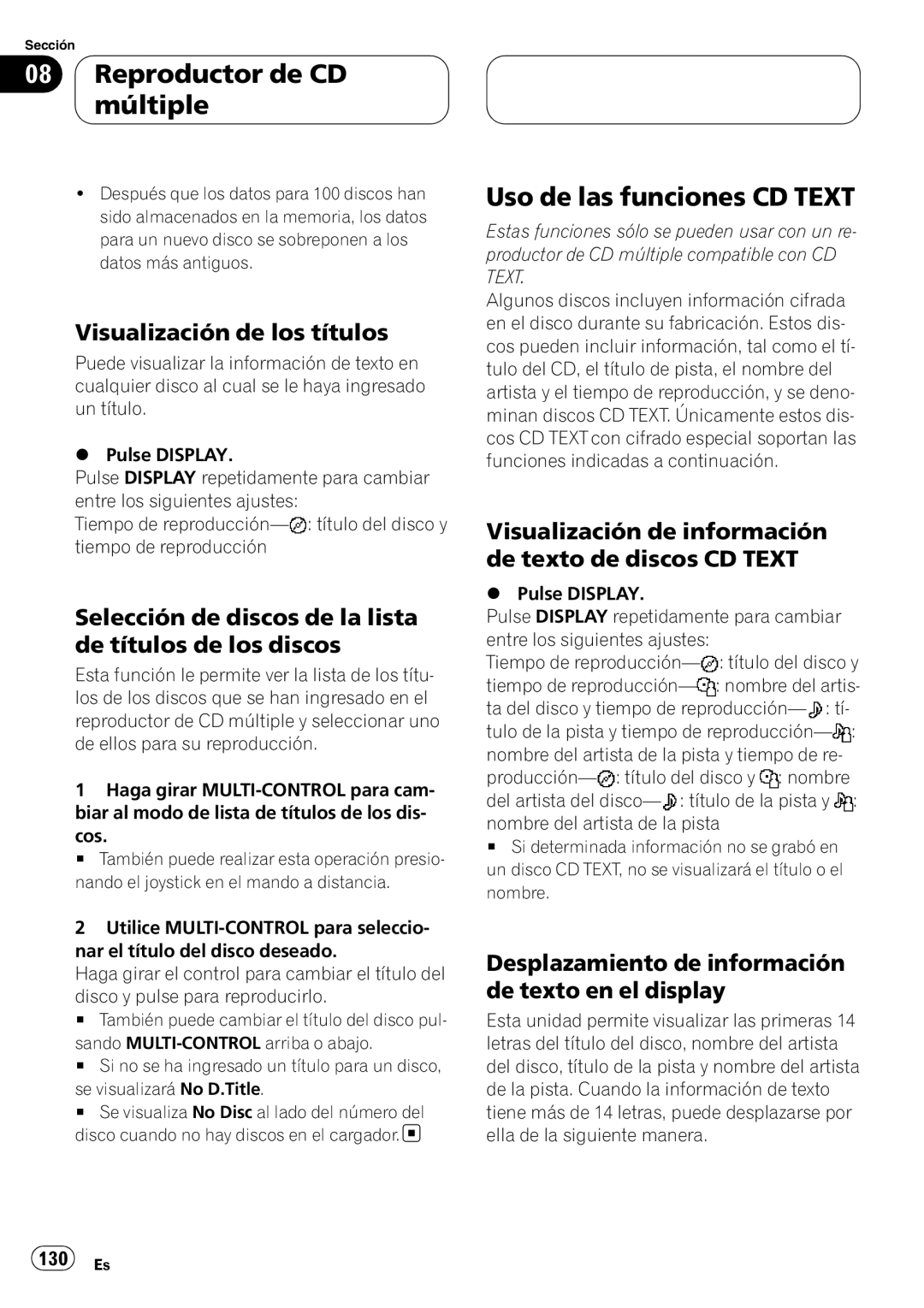 Pioneer DEH-P88RS operation manual Visualización de los títulos, Selección de discos de la lista de títulos de los discos 