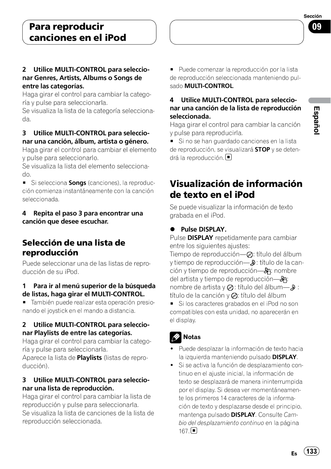 Pioneer DEH-P88RS operation manual Para reproducir canciones en el iPod, Visualización de información de texto en el iPod 