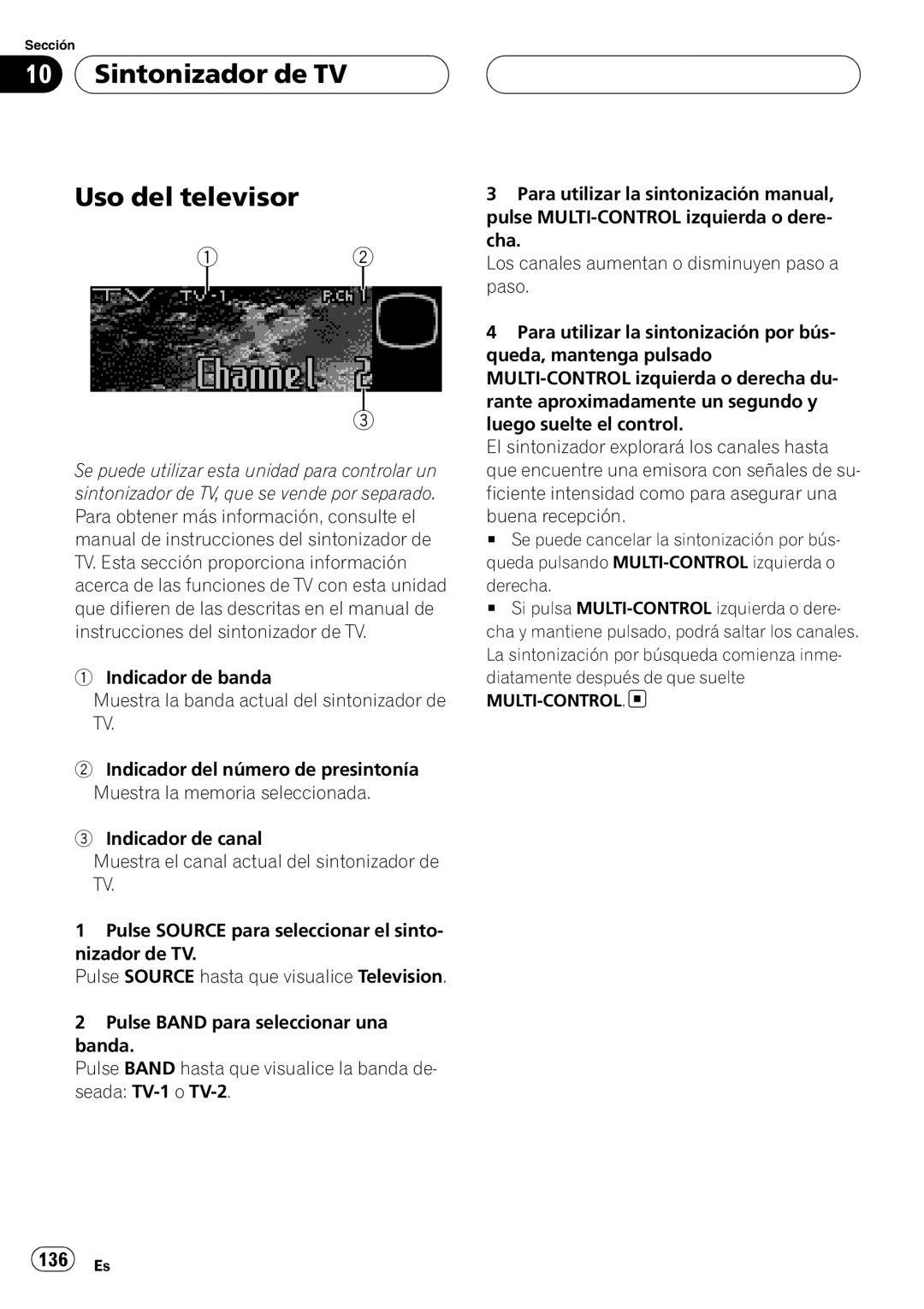 Pioneer DEH-P88RS operation manual Sintonizador de TV Uso del televisor 