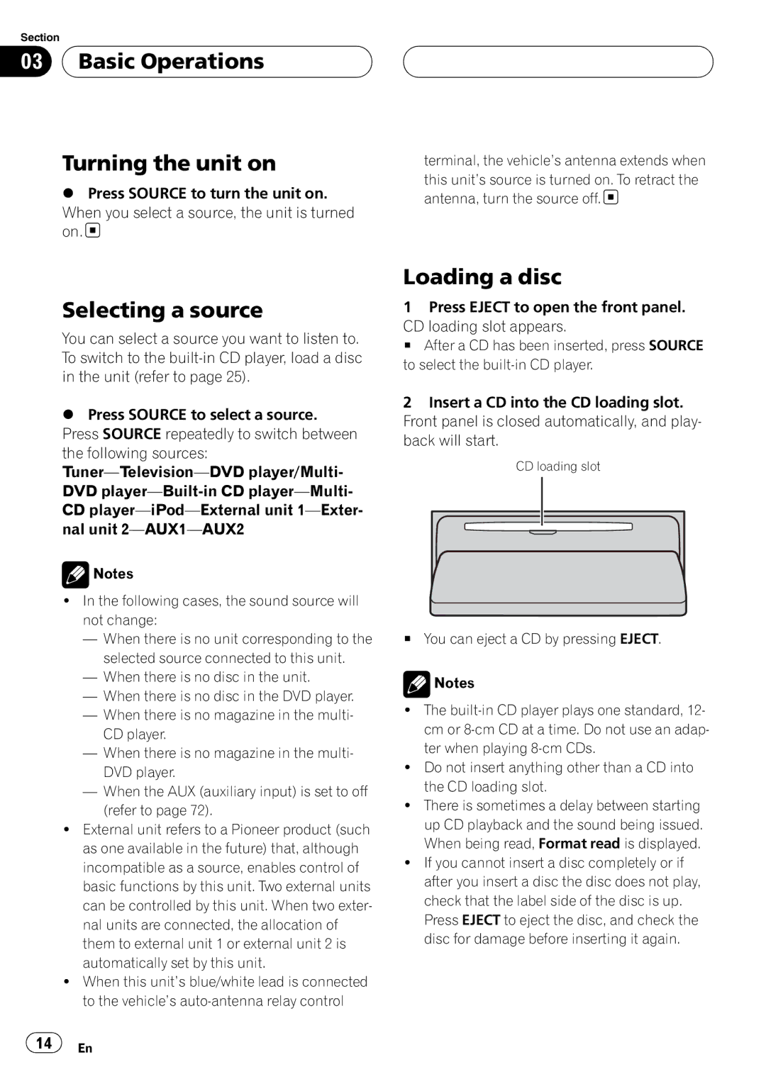 Pioneer DEH-P88RS operation manual Basic Operations Turning the unit on, Selecting a source, Loading a disc 