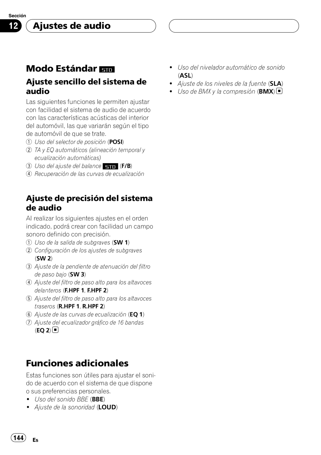 Pioneer DEH-P88RS operation manual Ajustes de audio Modo Estándar, Funciones adicionales 