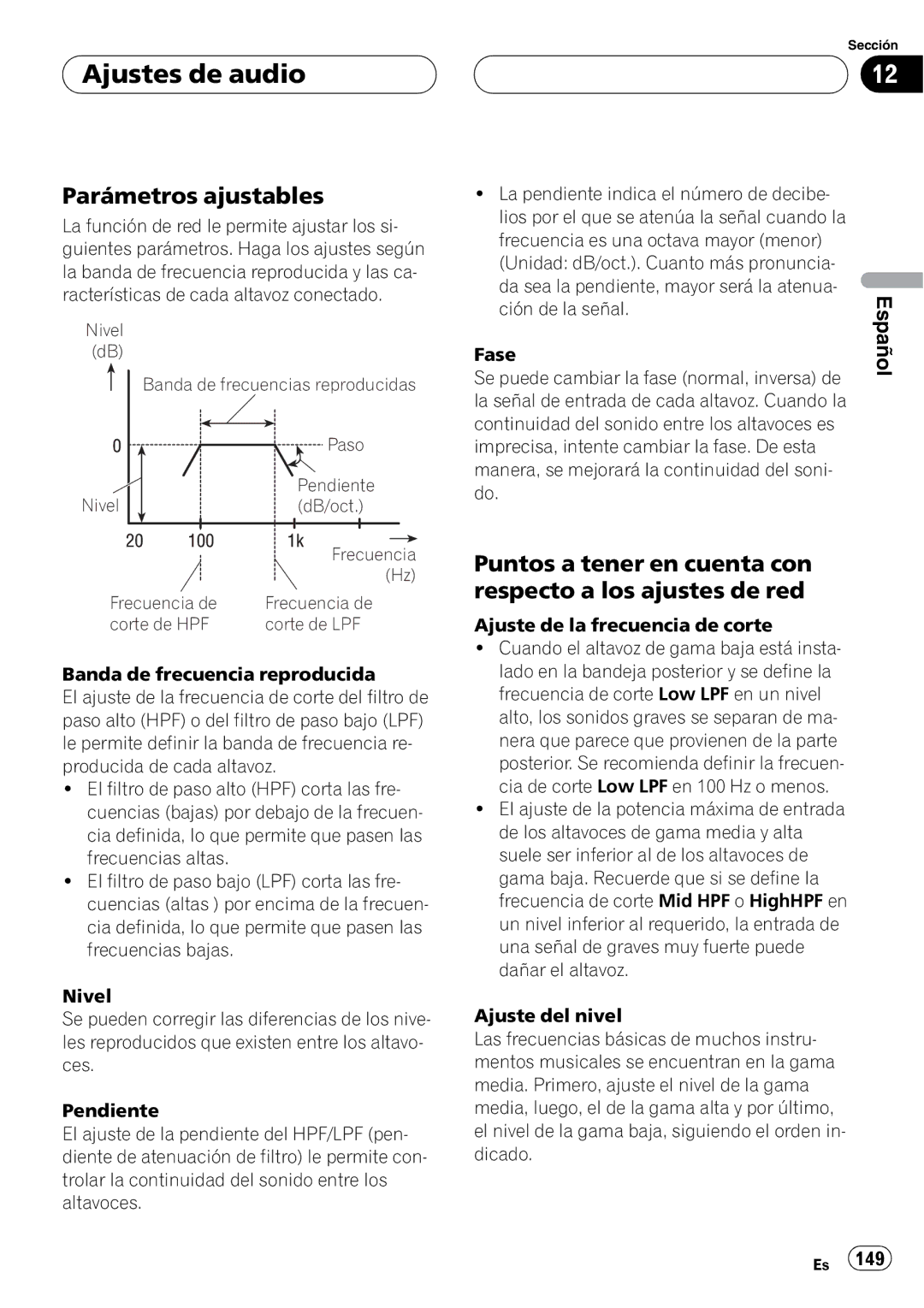 Pioneer DEH-P88RS operation manual Parámetros ajustables, Puntos a tener en cuenta con respecto a los ajustes de red 