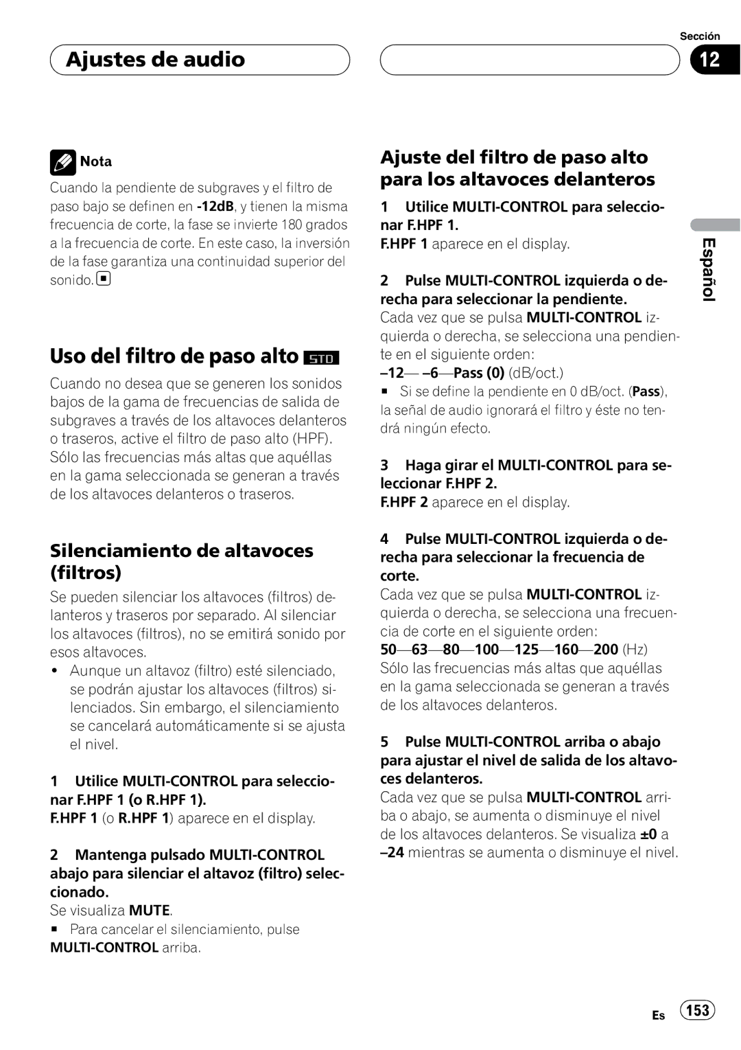 Pioneer DEH-P88RS operation manual Uso del filtro de paso alto, Silenciamiento de altavoces filtros 