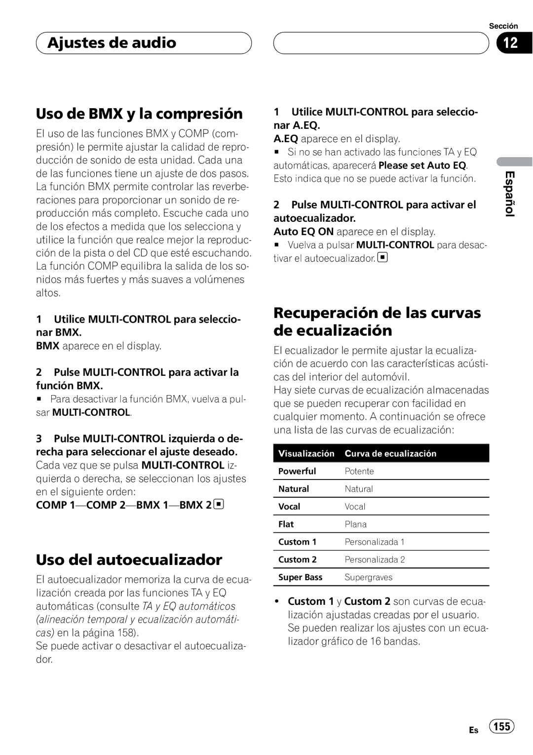 Pioneer DEH-P88RS operation manual Ajustes de audio Uso de BMX y la compresión, Uso del autoecualizador 