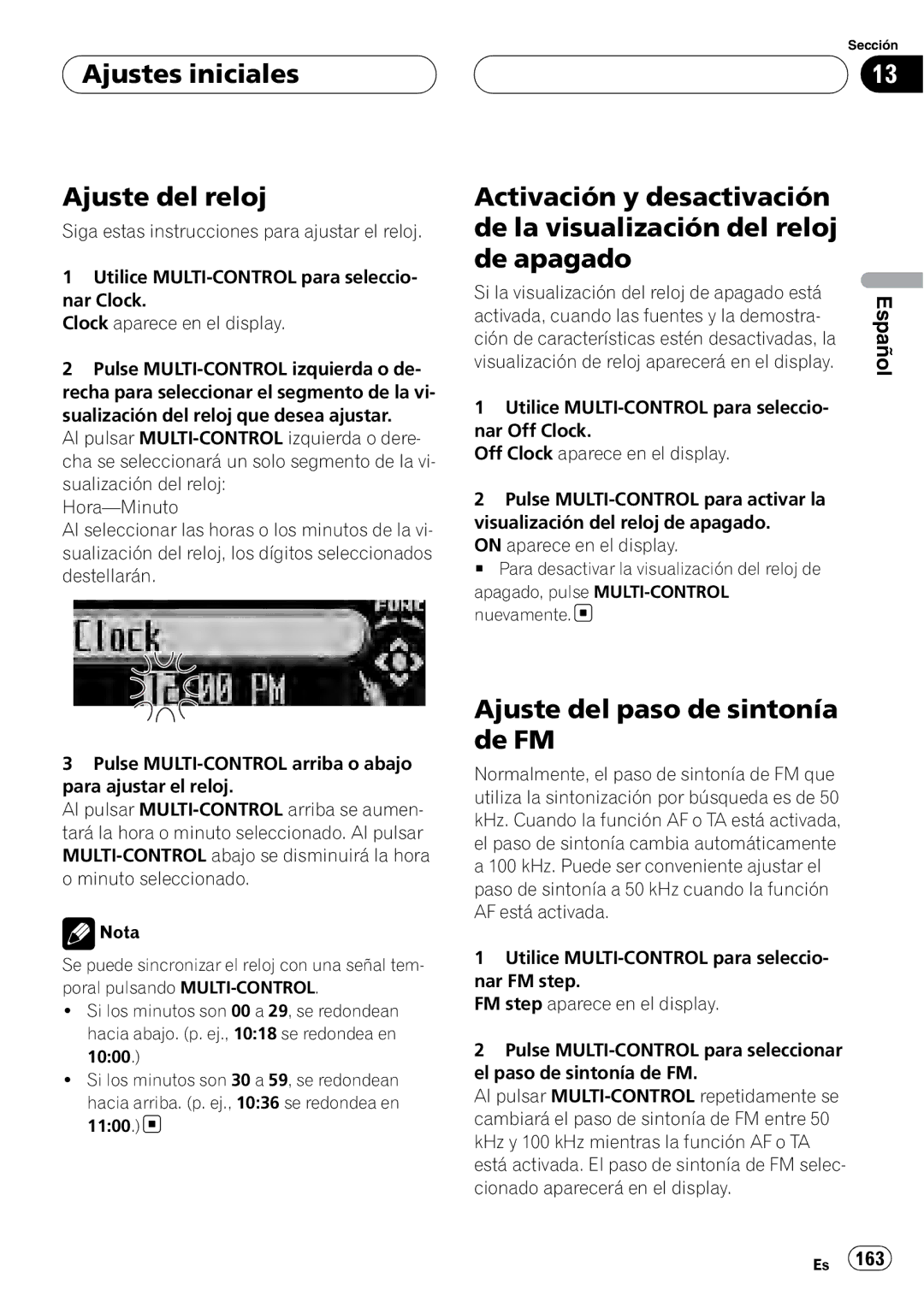 Pioneer DEH-P88RS operation manual Ajustes iniciales Ajuste del reloj, Ajuste del paso de sintonía de FM 