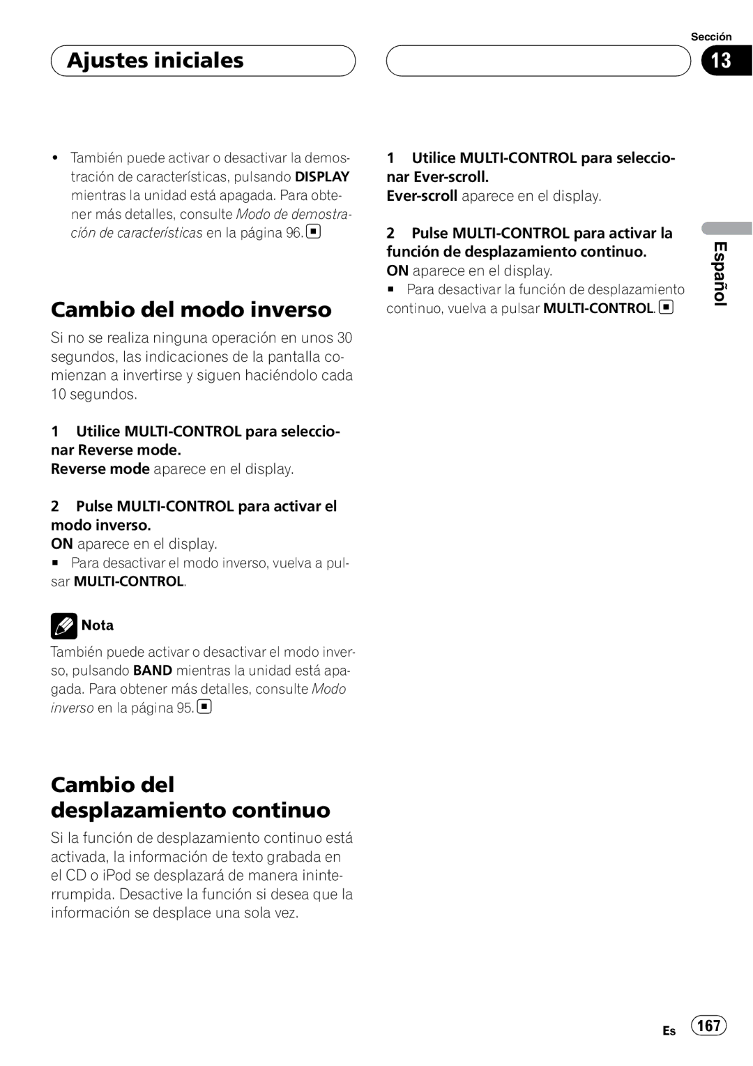 Pioneer DEH-P88RS operation manual Cambio del modo inverso, Cambio del desplazamiento continuo 