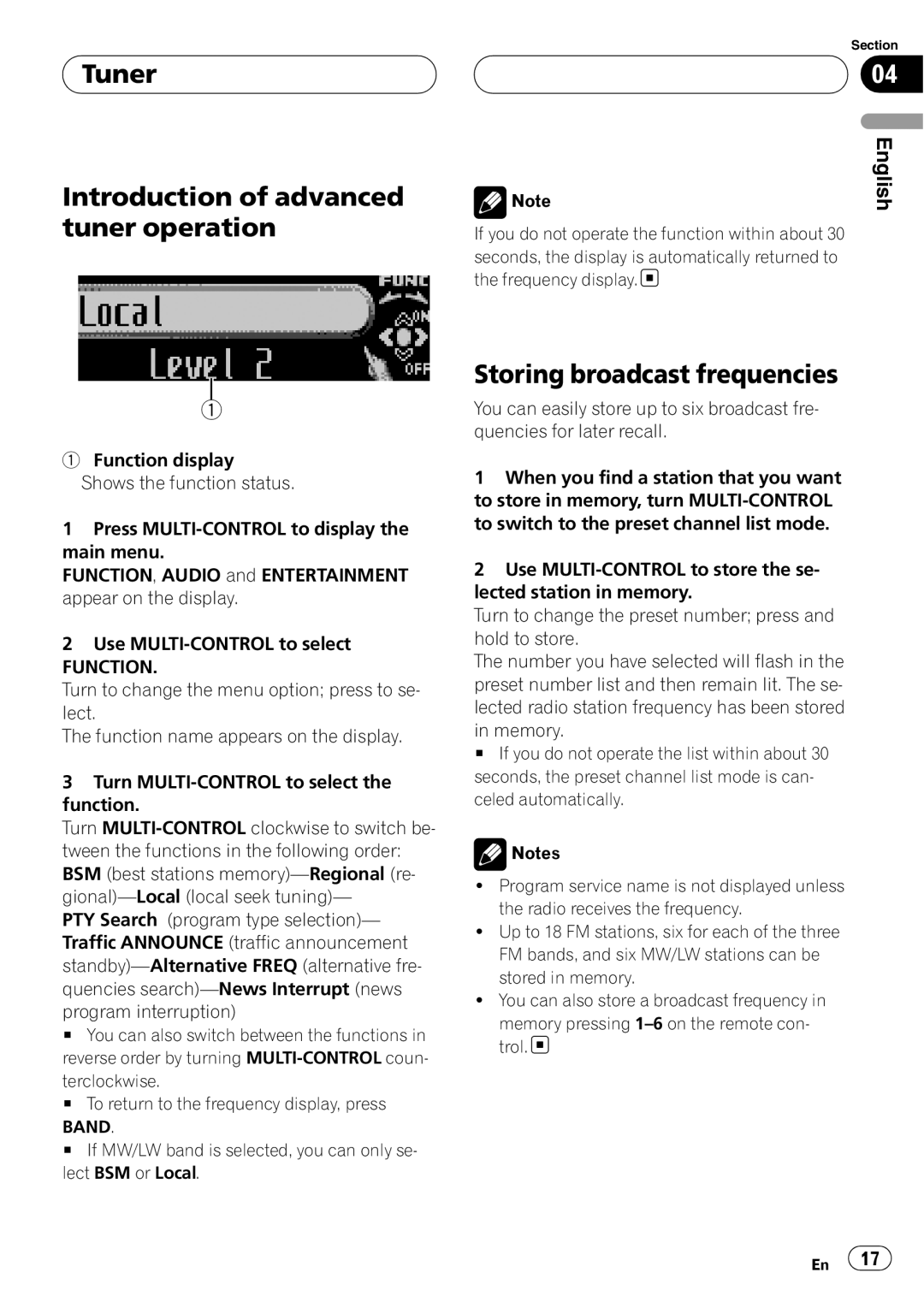 Pioneer DEH-P88RS Tuner Introduction of advanced tuner operation, Storing broadcast frequencies, Function, Band 