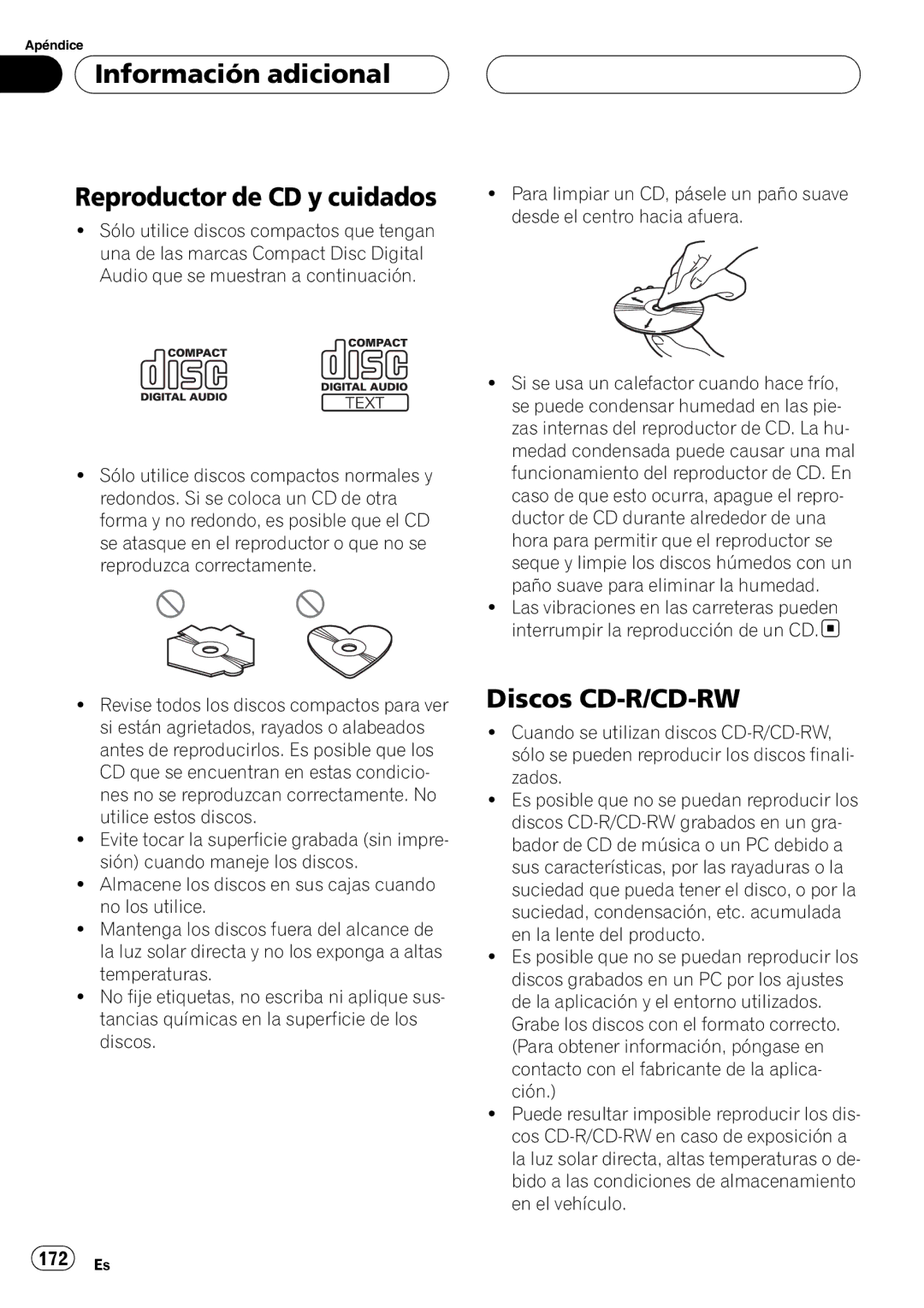 Pioneer DEH-P88RS operation manual Información adicional Reproductor de CD y cuidados, Discos CD-R/CD-RW 