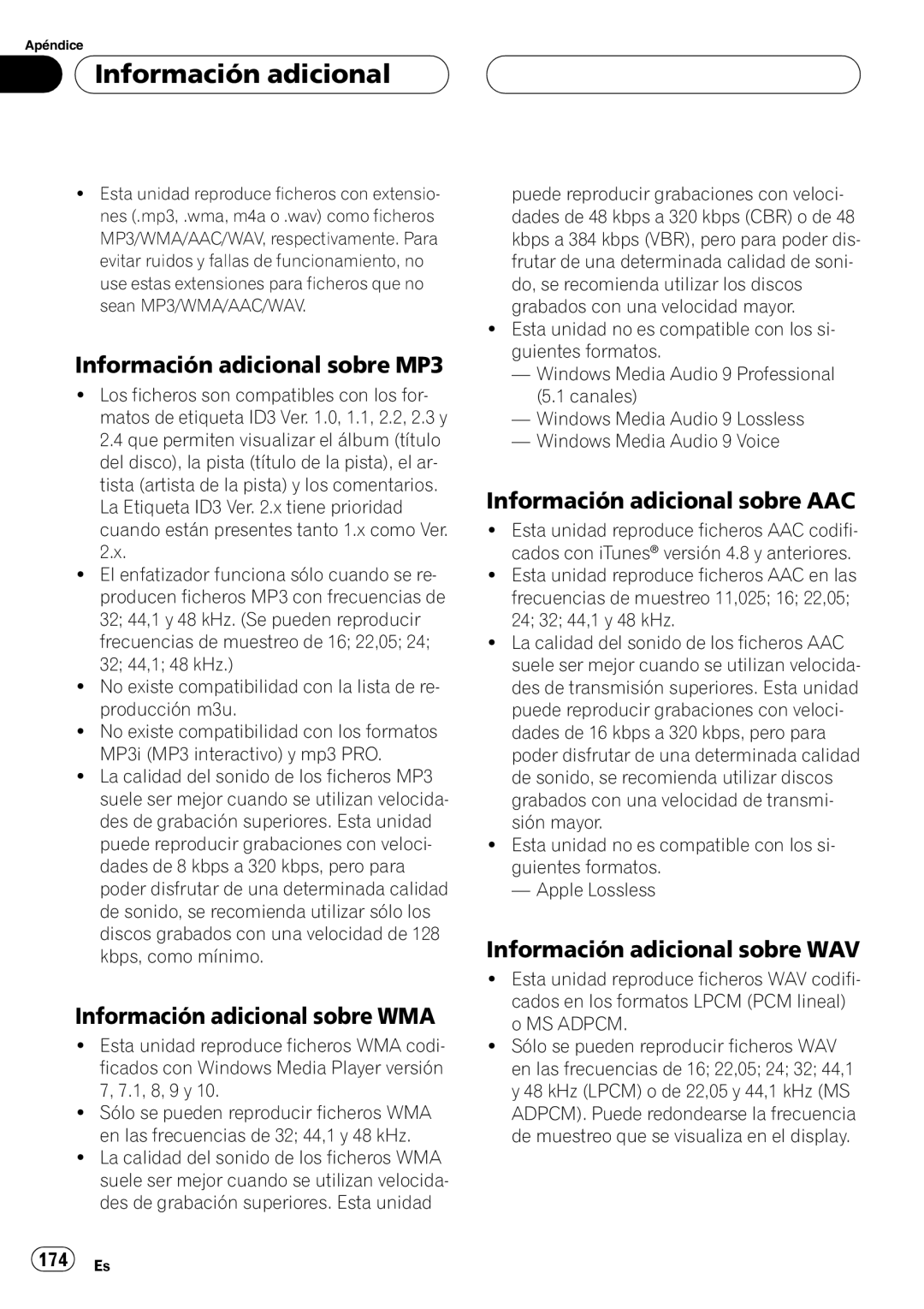 Pioneer DEH-P88RS Información adicional sobre MP3, Información adicional sobre WMA, Información adicional sobre AAC 