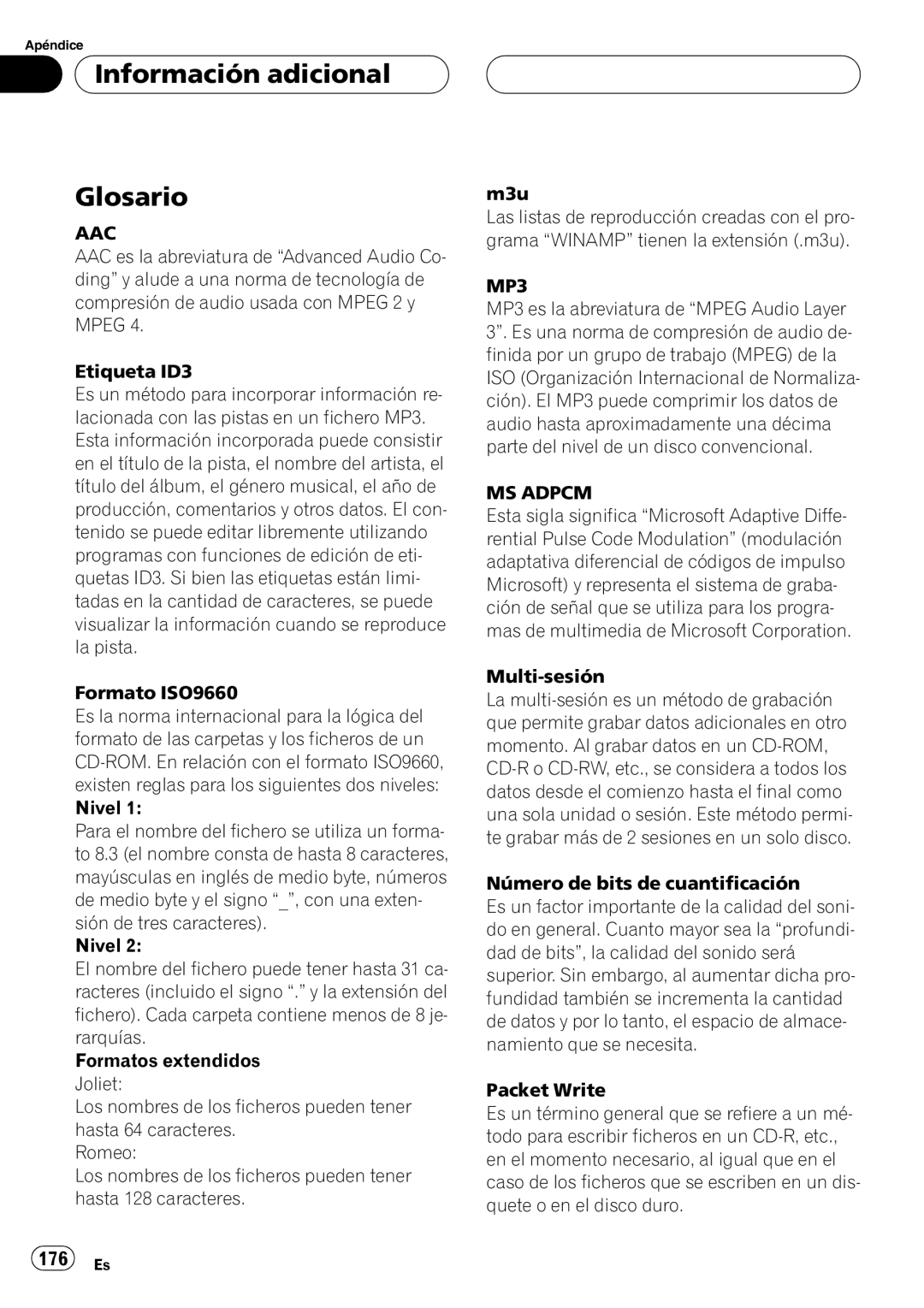 Pioneer DEH-P88RS operation manual Información adicional Glosario, 176 Es 