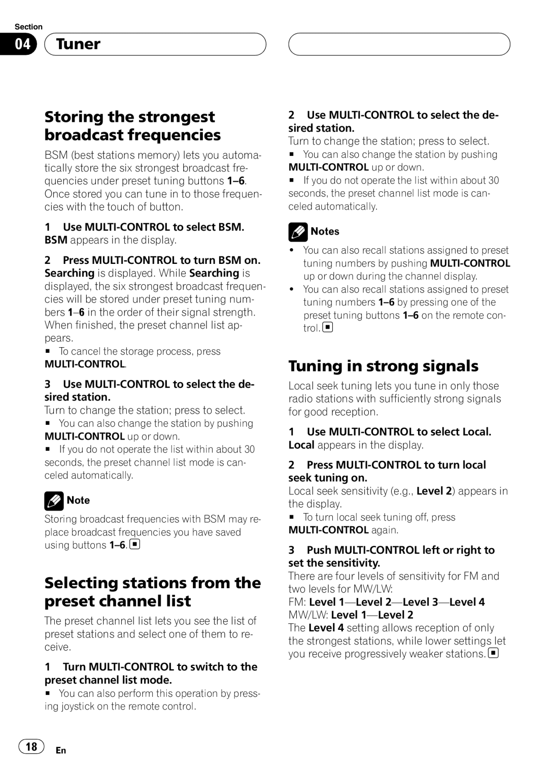 Pioneer DEH-P88RS Tuner Storing the strongest broadcast frequencies, Selecting stations from the preset channel list 