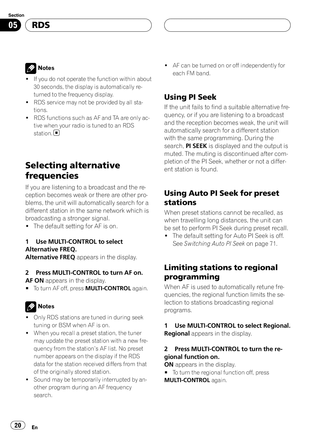 Pioneer DEH-P88RS operation manual Selecting alternative frequencies, Using PI Seek, Using Auto PI Seek for preset stations 