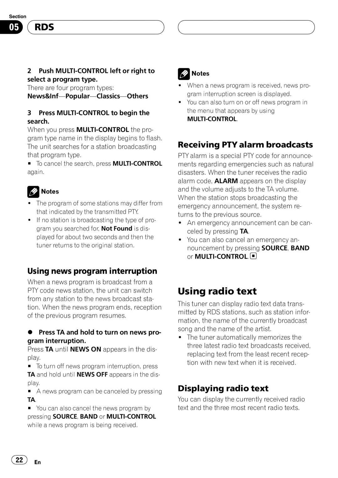 Pioneer DEH-P88RS Using radio text, Using news program interruption, Receiving PTY alarm broadcasts, Displaying radio text 