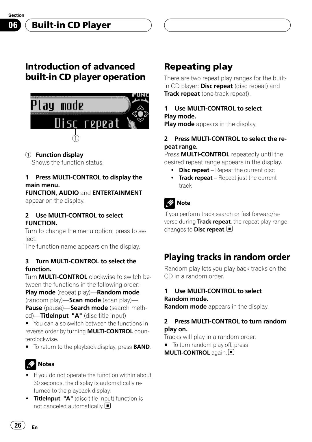 Pioneer DEH-P88RS operation manual Repeating play, Playing tracks in random order 