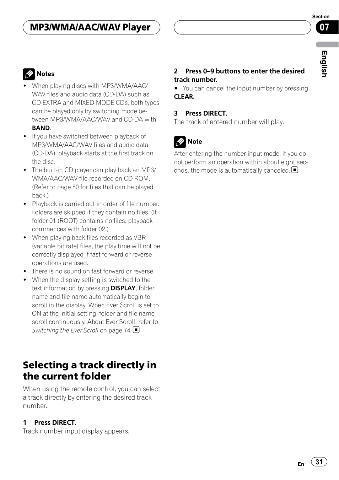 Pioneer DEH-P88RS operation manual MP3/WMA/AAC/WAV Player, Selecting a track directly in the current folder 