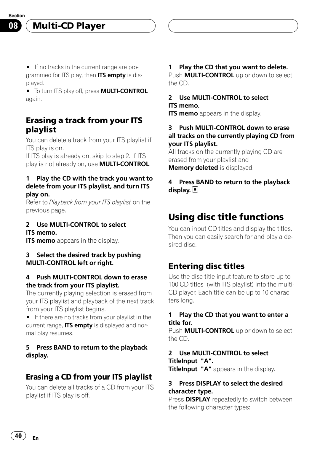 Pioneer DEH-P88RS operation manual Erasing a track from your ITS playlist, Erasing a CD from your ITS playlist 