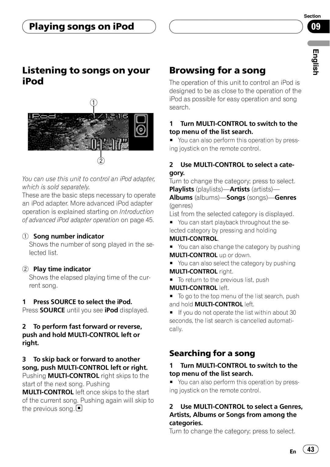 Pioneer DEH-P88RS Playing songs on iPod Listening to songs on your iPod, Browsing for a song, Searching for a song 