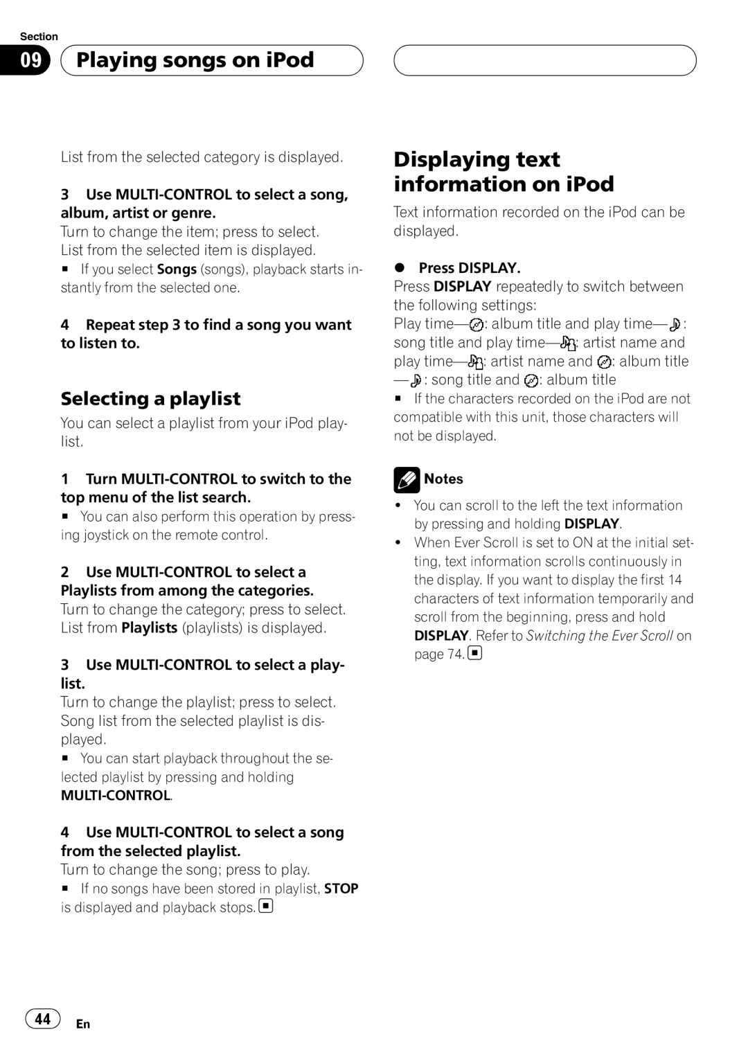 Pioneer DEH-P88RS operation manual Playing songs on iPod, Displaying text information on iPod, Selecting a playlist 