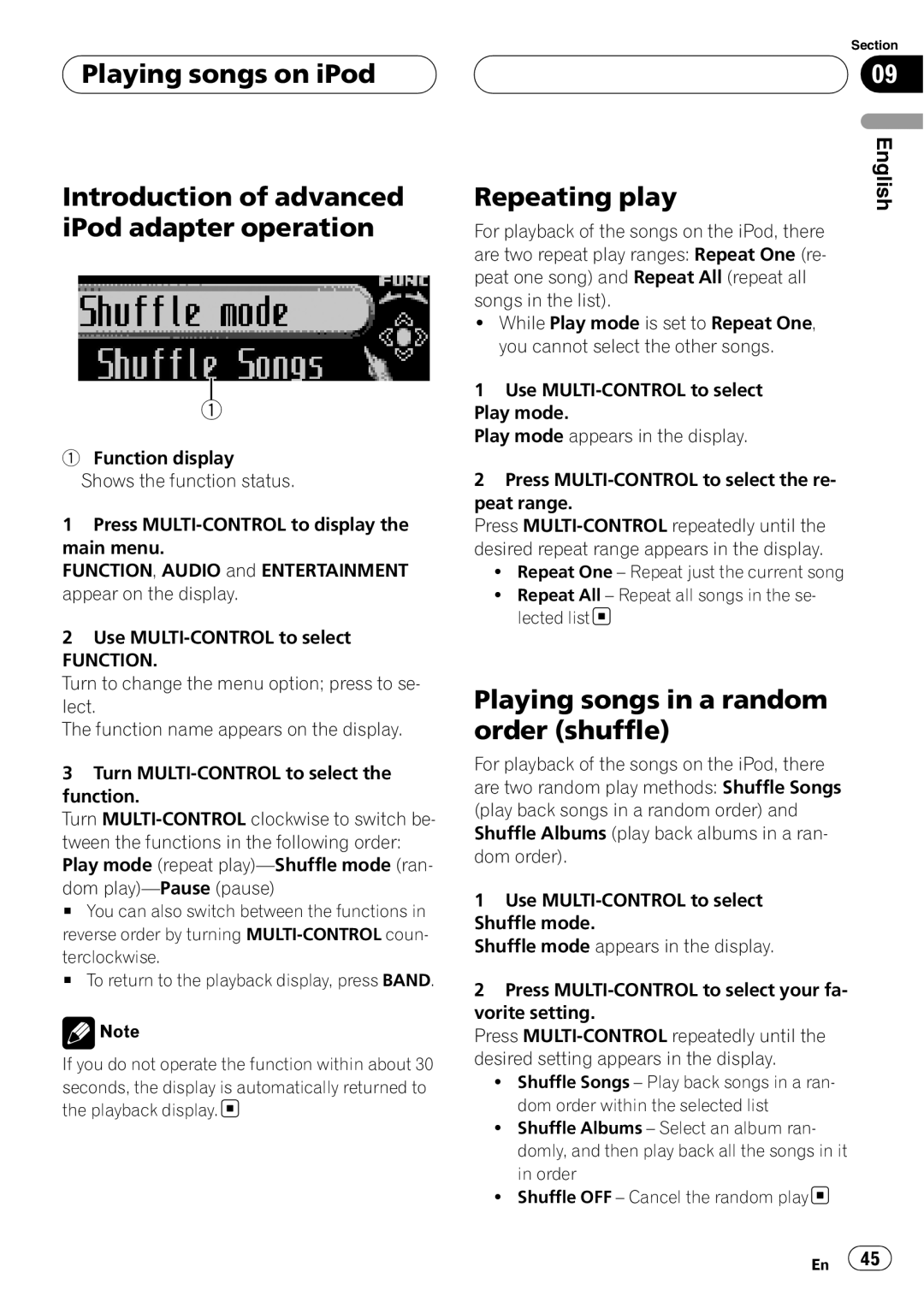 Pioneer DEH-P88RS operation manual Playing songs in a random order shuffle, Function 