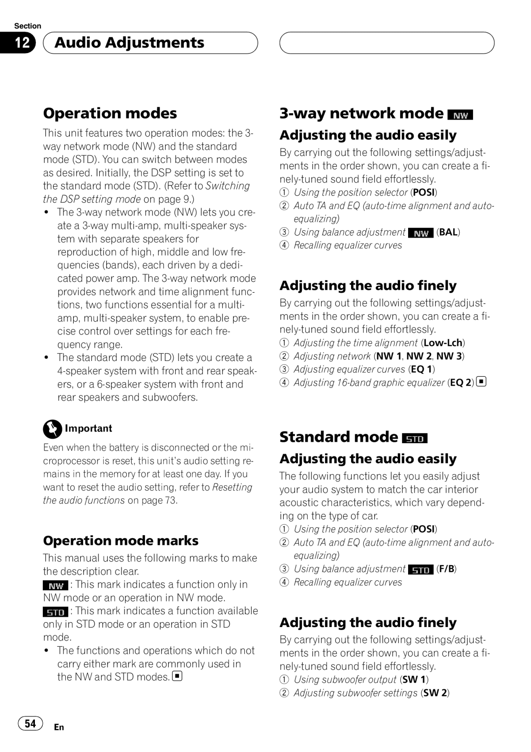 Pioneer DEH-P88RS operation manual Audio Adjustments Operation modes, Way network mode, Standard mode 