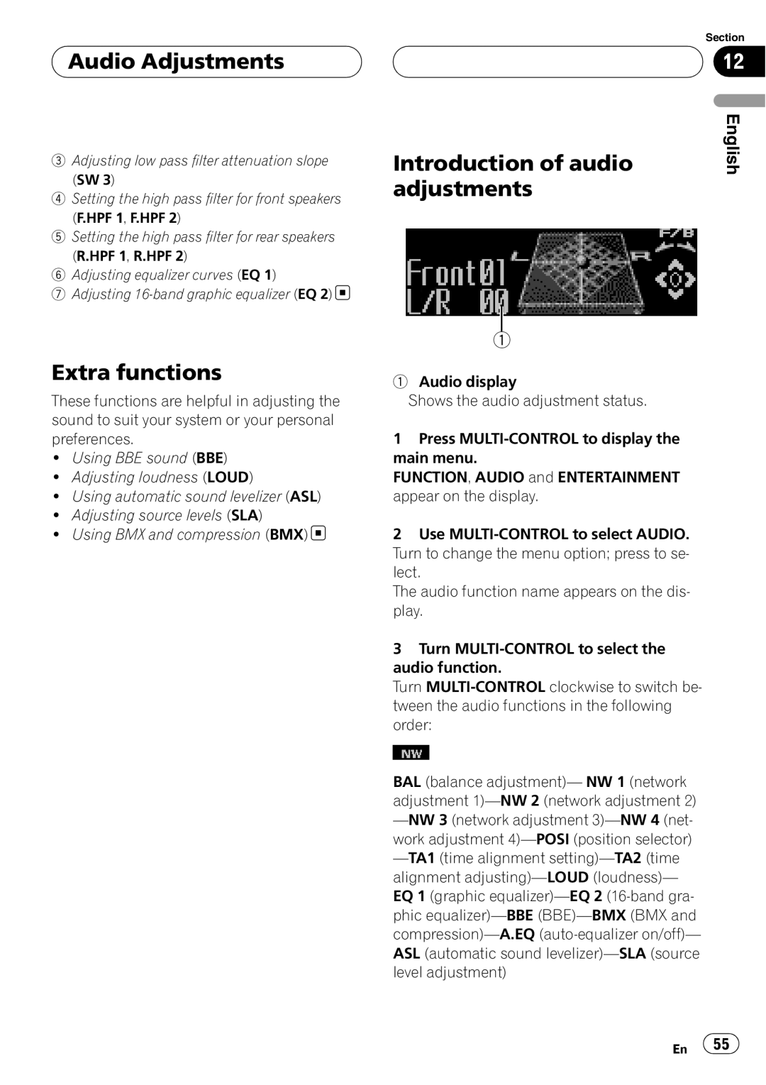 Pioneer DEH-P88RS operation manual Audio Adjustments, Introduction of audio adjustments, Extra functions 