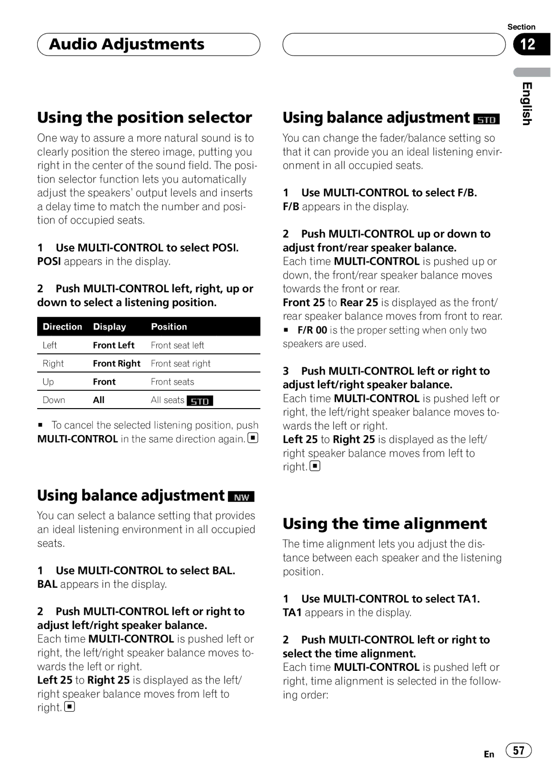 Pioneer DEH-P88RS Audio Adjustments Using the position selector, Using balance adjustment, Using the time alignment 