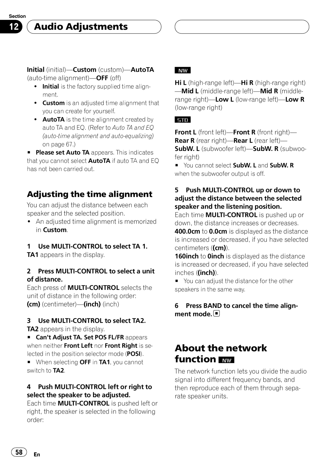 Pioneer DEH-P88RS operation manual About the network function, Adjusting the time alignment 