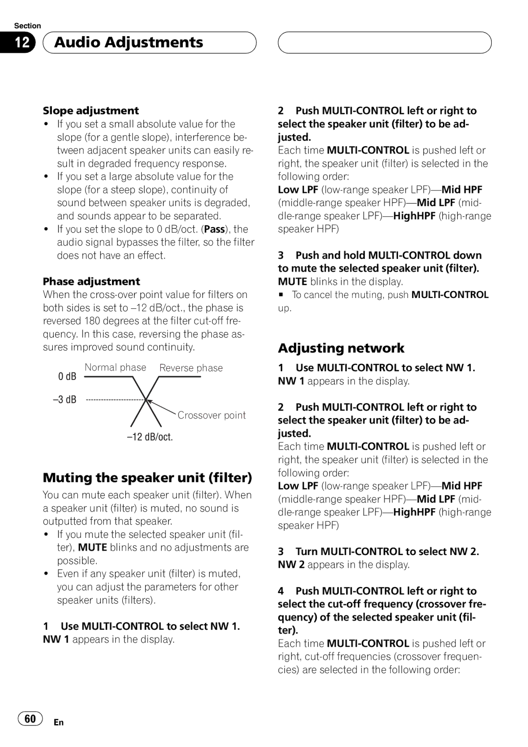 Pioneer DEH-P88RS operation manual Muting the speaker unit filter, Adjusting network 