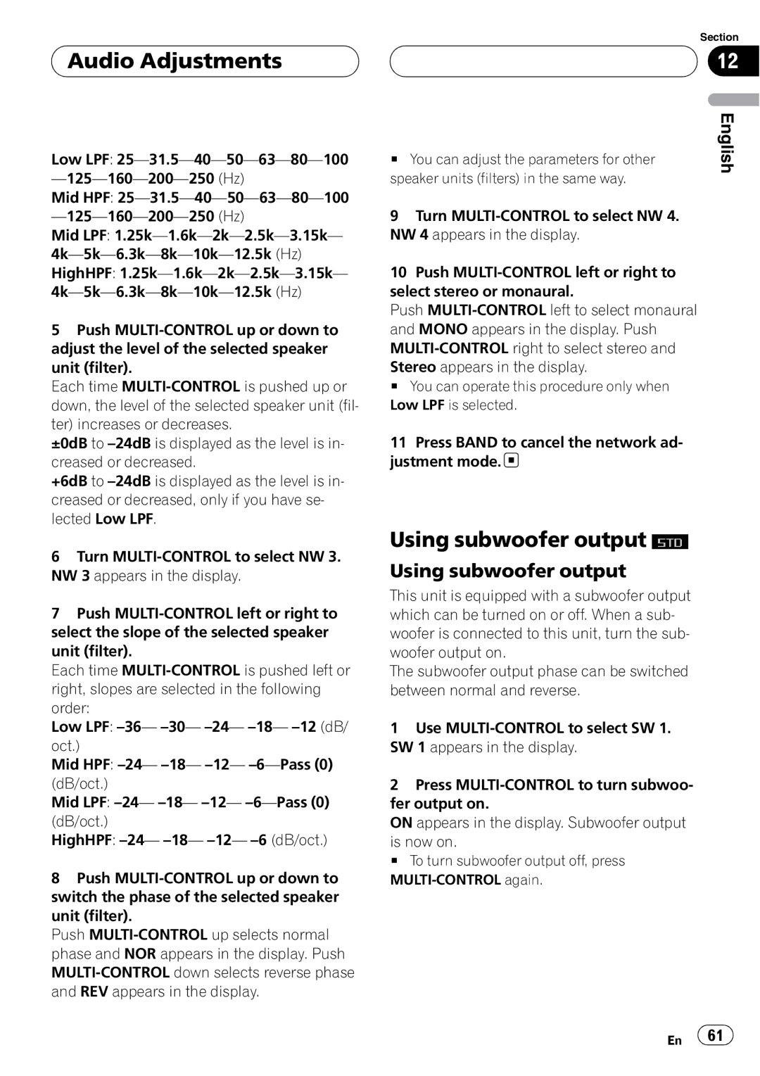 Pioneer DEH-P88RS operation manual Using subwoofer output 