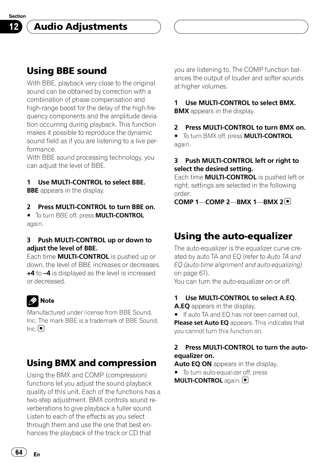 Pioneer DEH-P88RS operation manual Audio Adjustments Using BBE sound, Using BMX and compression, Using the auto-equalizer 