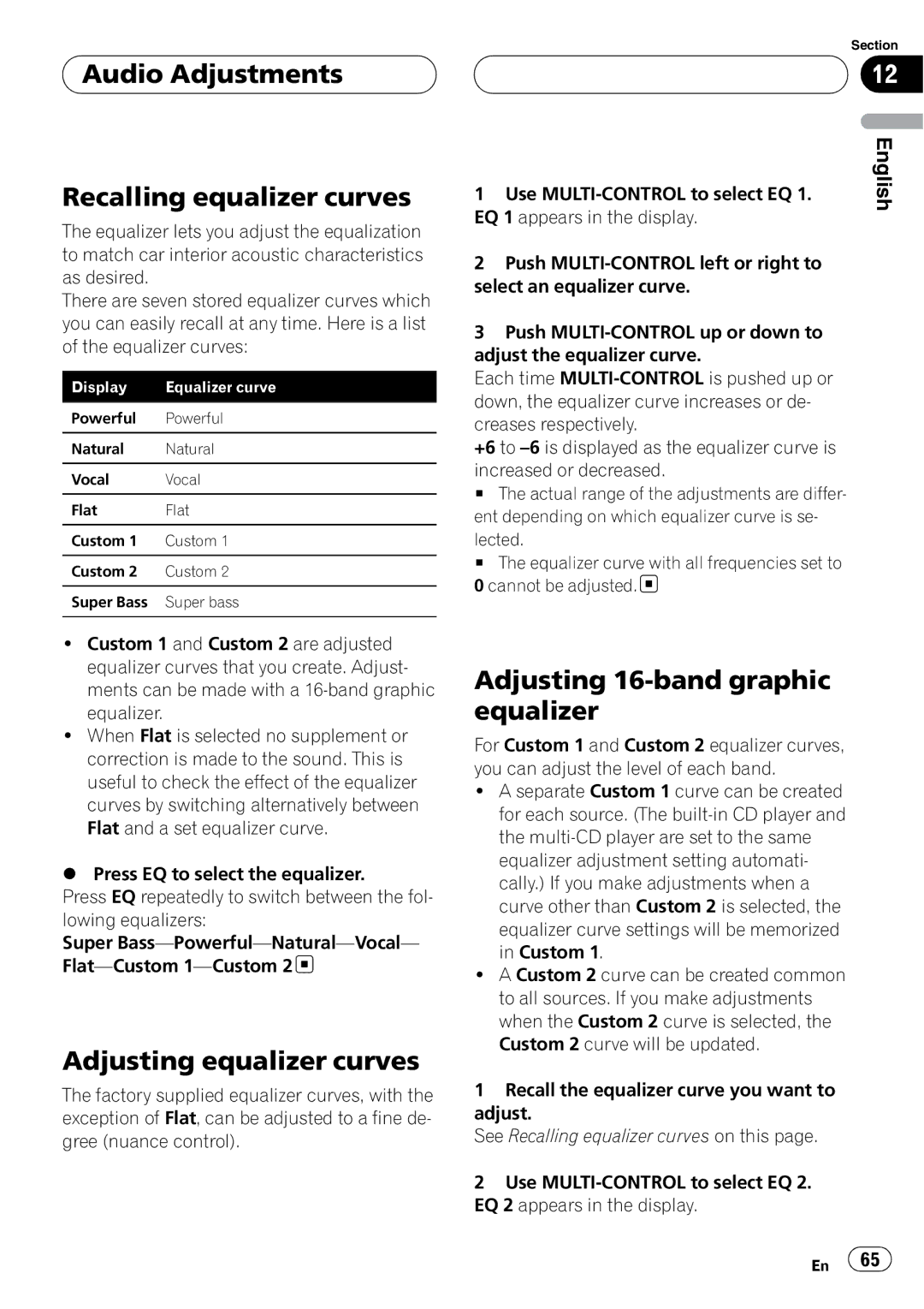 Pioneer DEH-P88RS operation manual Audio Adjustments Recalling equalizer curves, Adjusting equalizer curves 