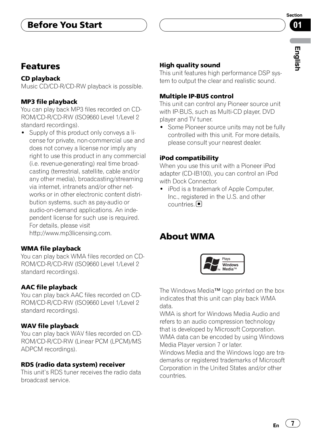 Pioneer DEH-P88RS operation manual Before You Start Features, About WMA 