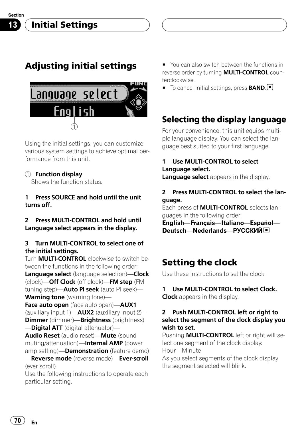 Pioneer DEH-P88RS Initial Settings Adjusting initial settings, Selecting the display language, Setting the clock 