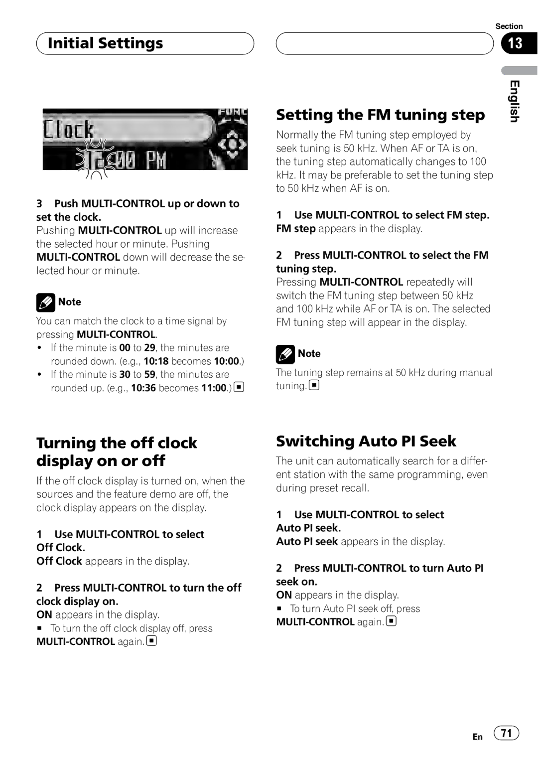 Pioneer DEH-P88RS operation manual Initial Settings, Setting the FM tuning step, Turning the off clock display on or off 