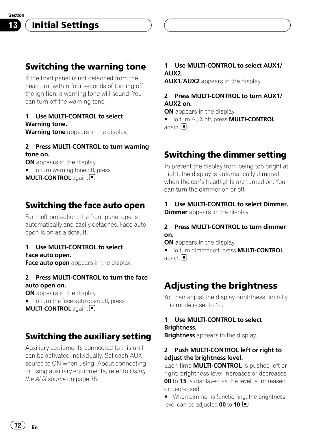 Pioneer DEH-P88RS Initial Settings Switching the warning tone, Switching the face auto open, Switching the dimmer setting 