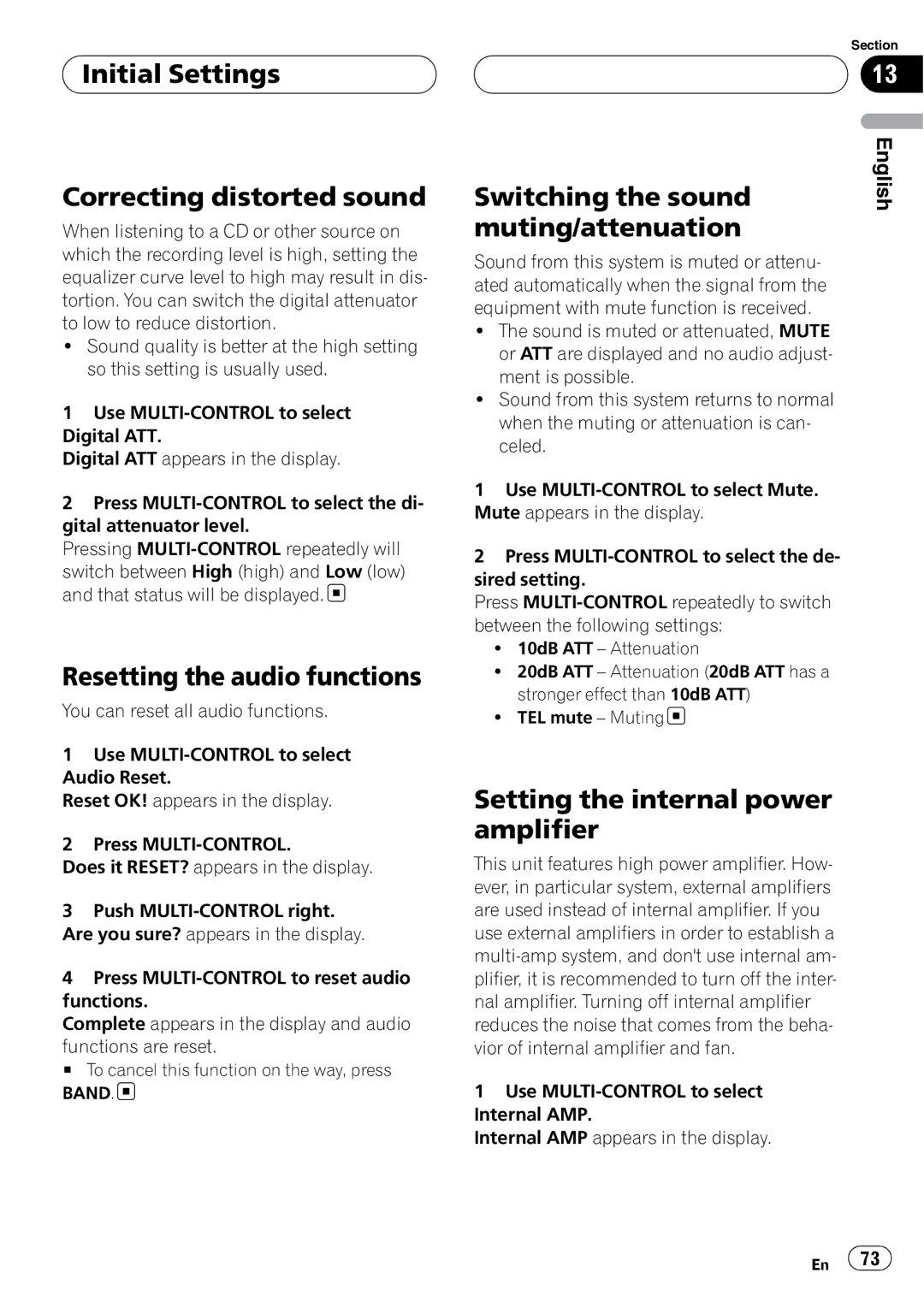 Pioneer DEH-P88RS Initial Settings Correcting distorted sound, Resetting the audio functions, Switching the sound 