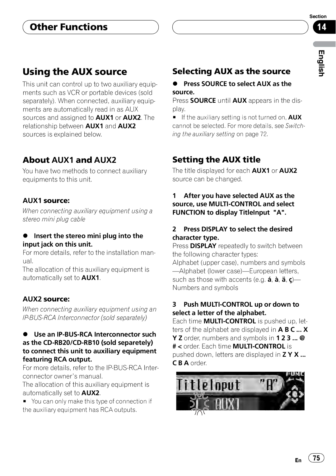 Pioneer DEH-P88RS operation manual Other Functions Using the AUX source, Selecting AUX as the source, About AUX1 and AUX2 