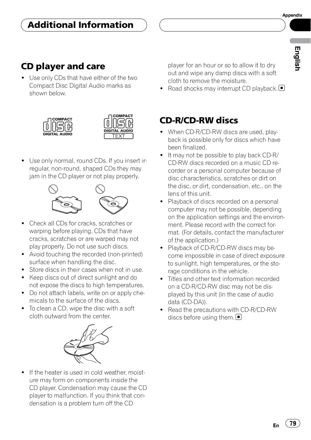 Pioneer DEH-P88RS operation manual Additional Information CD player and care, CD-R/CD-RW discs 