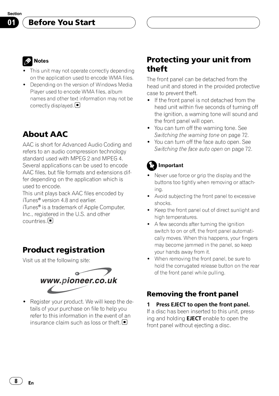 Pioneer DEH-P88RS About AAC, Product registration, Protecting your unit from theft, Removing the front panel 