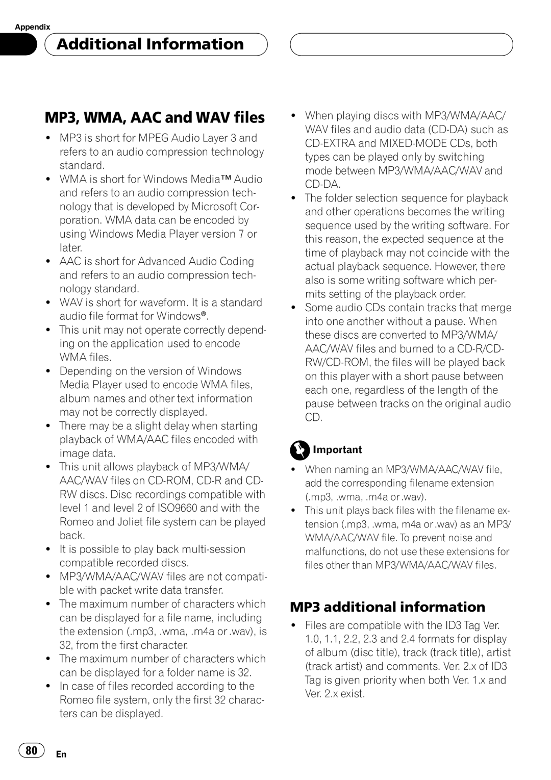 Pioneer DEH-P88RS operation manual Additional Information MP3, WMA, AAC and WAV files, MP3 additional information 