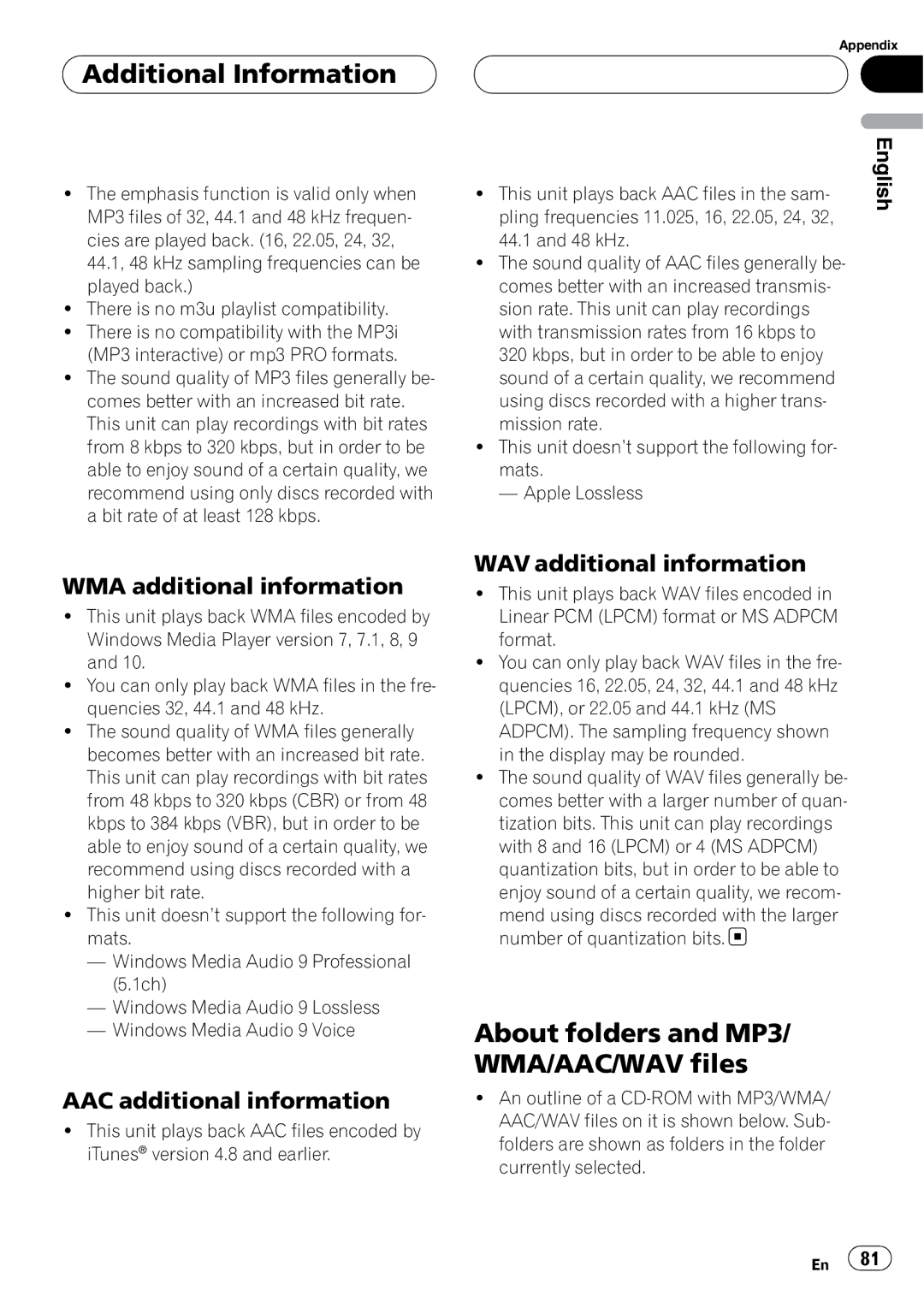 Pioneer DEH-P88RS Additional Information, About folders and MP3/ WMA/AAC/WAV files, WMA additional information 