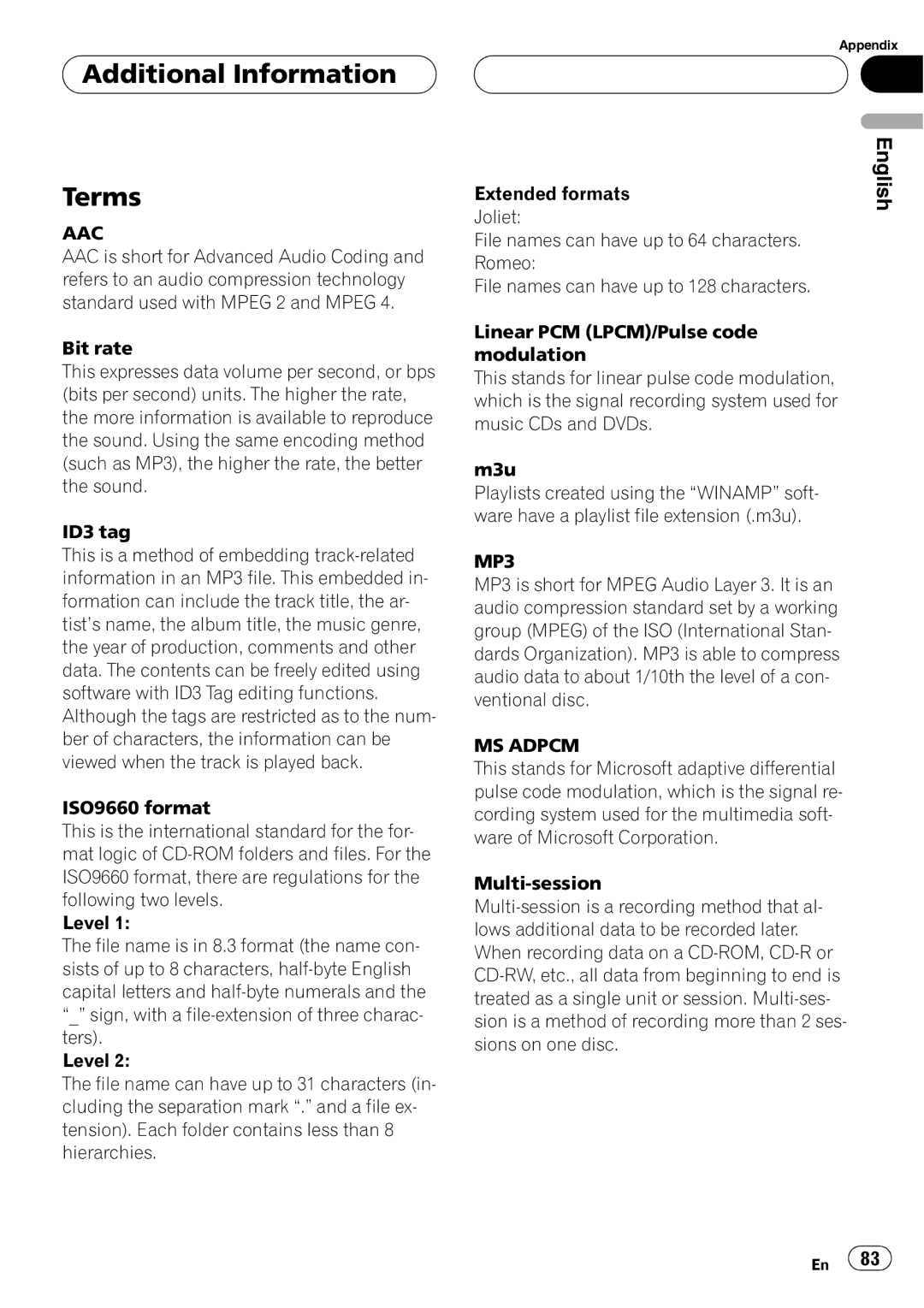 Pioneer DEH-P88RS operation manual Additional Information Terms, Aac, MP3, MS Adpcm 